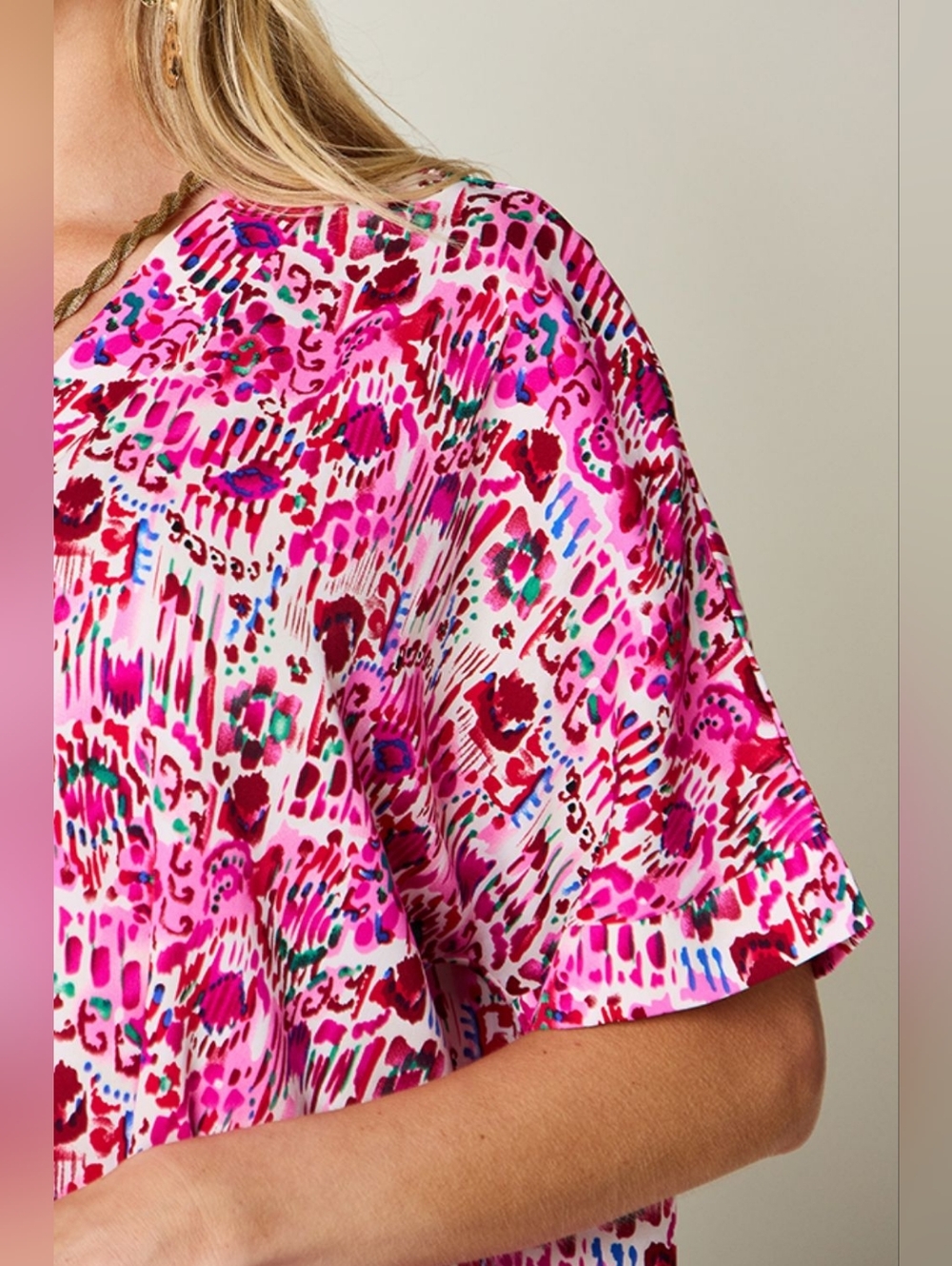 Women's Pink Print V-Neck Tunic Top- Double Take A Just Jen Fav!! Spring Top - Picture 6 of 10